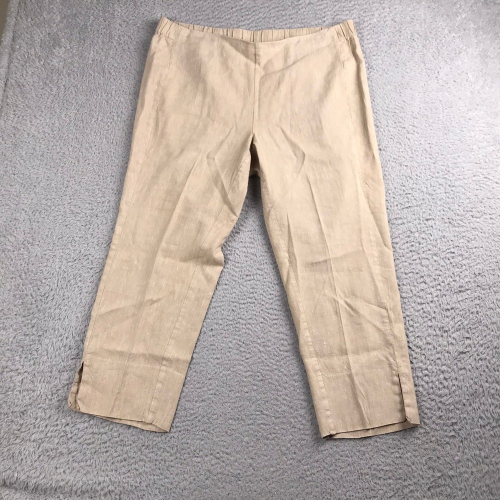J‎ Jill Crop Pants Women L (36x24) Tan Linen Stretch Elastic Waist Casual Capri